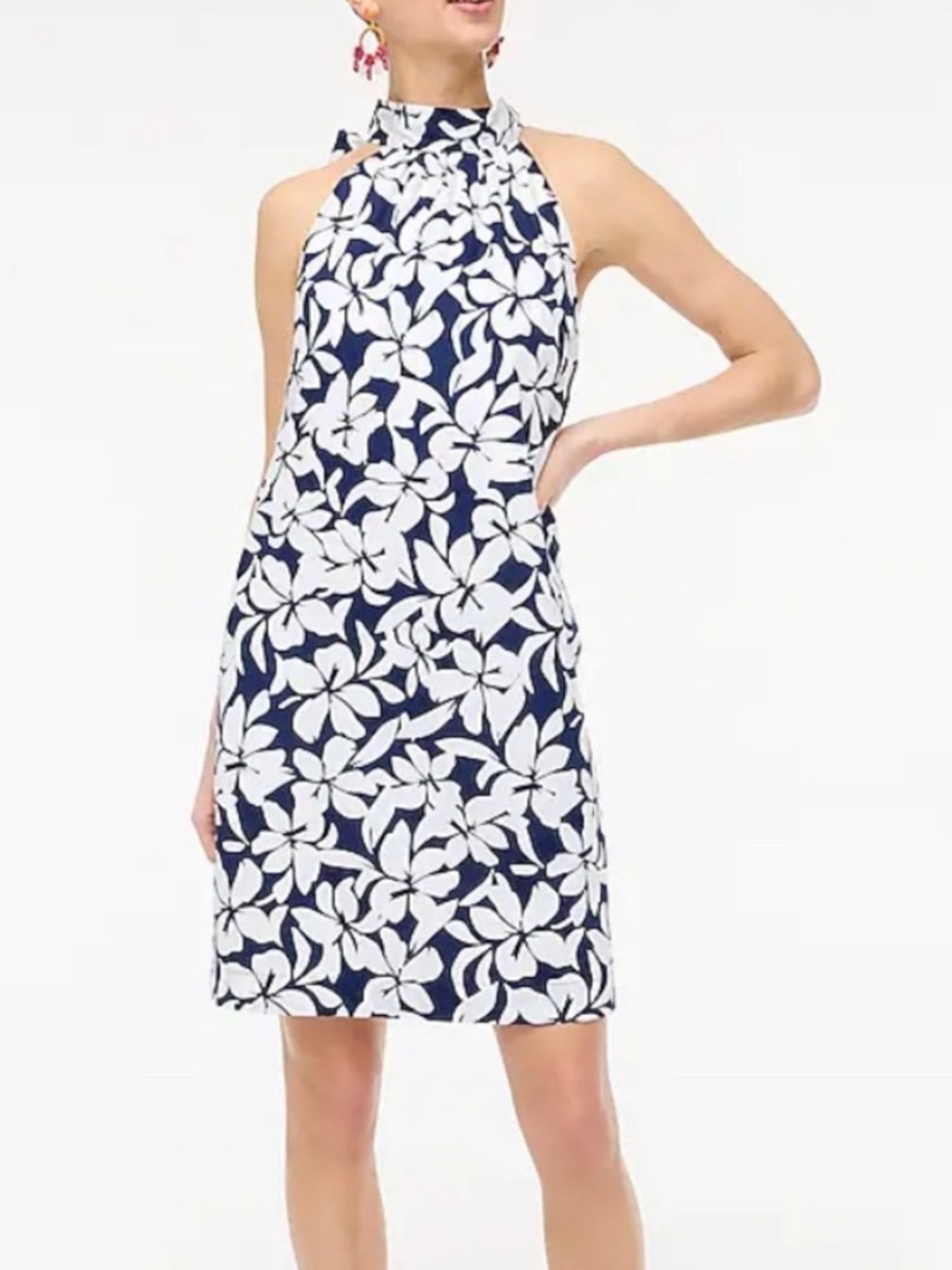 J. Crew Navy & White Floral Halter Tie Neck Shift Dress 0